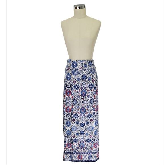 Max Studio Floral Fold-Over Maxi Skirt Size L White Multi Boho Casual Stretchy - Picture 1 of 10